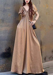 Original Champagne V Neck Wrinkled Cotton Maxi Dress Summer