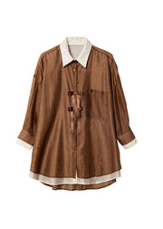 Original Coffee Peter Pan Collar False Two Pieces Chiffon Shirts Long Sleeve