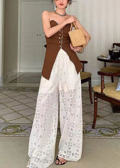 Original Design Apricot High Waist Hollow Out Lace Wide Leg Pants Summer