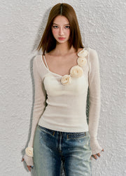 Original Design Beige V Neck Rose Decorated Woolen Knit Tops Fall