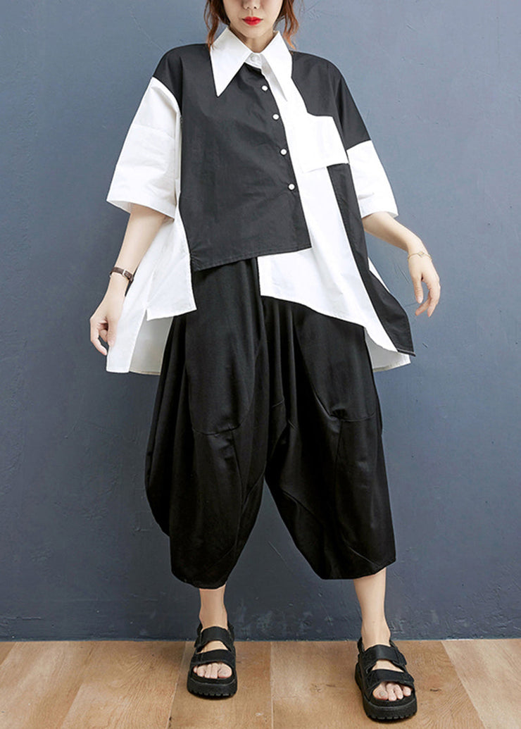 Original Design Black Asymmetrical Design Patchwork Cotton Two Pieces Set Summer