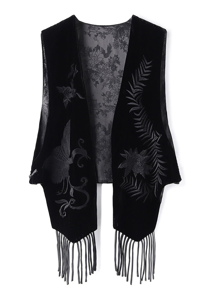 Original Design Black Embroideried Tasseled Silk Velour Vest Sleeveless