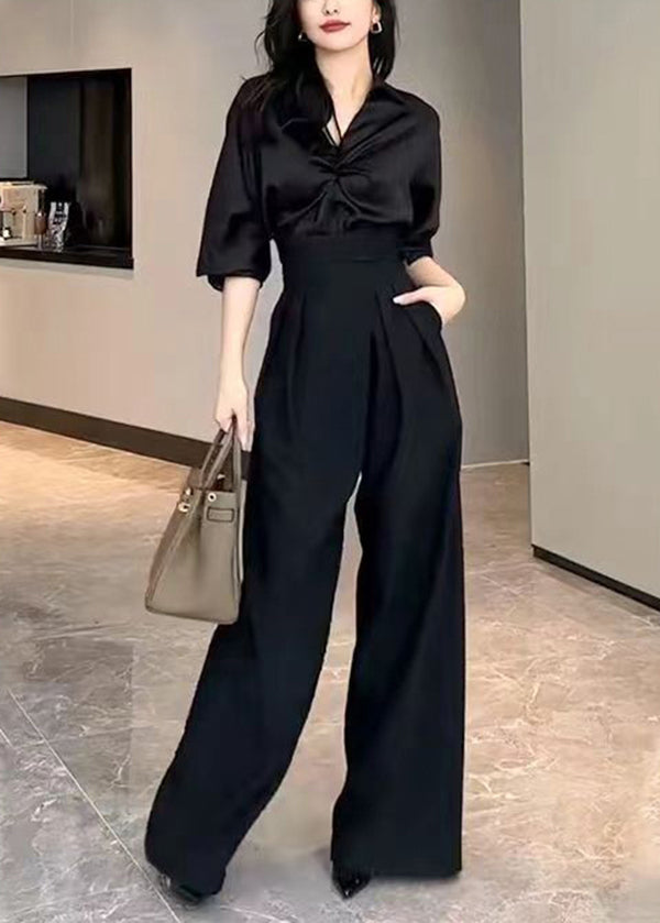 Original Design Black High Waist Cotton Wide Leg Pants Spring