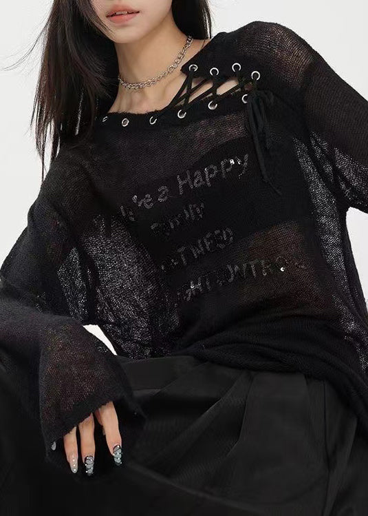 Original Design Black Letter Sequins Drawstring Knit Top Fall