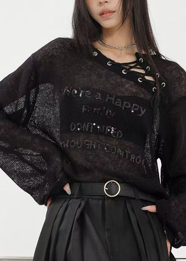 Original Design Black Letter Sequins Drawstring Knit Top Fall