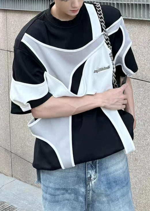 Original Design Black O Neck Patchwork Cotton Men&