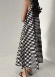 Original Design Black O Neck Plaid Cotton Long Dress Sleeveless