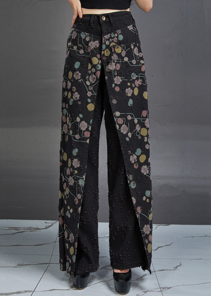 Original Design Black Print High Waist Patchwork Denim Pants Fall