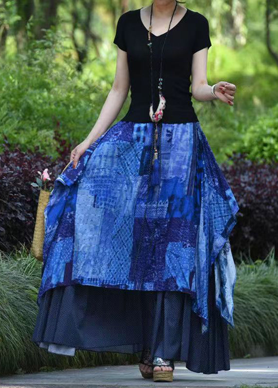 Original Design Blue Asymmetrical Patchwork Elastic Waist Cotton Skirts Spring