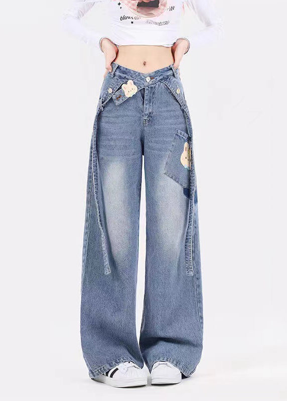 Original Design Blue Pockets Denim Wide Leg Pants Spring