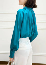 Original Design Blue Stand Collar Cinched Silk Tops Spring