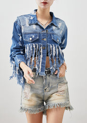 Original Design Blue Tasseled Cotton Ripped Coat Spring