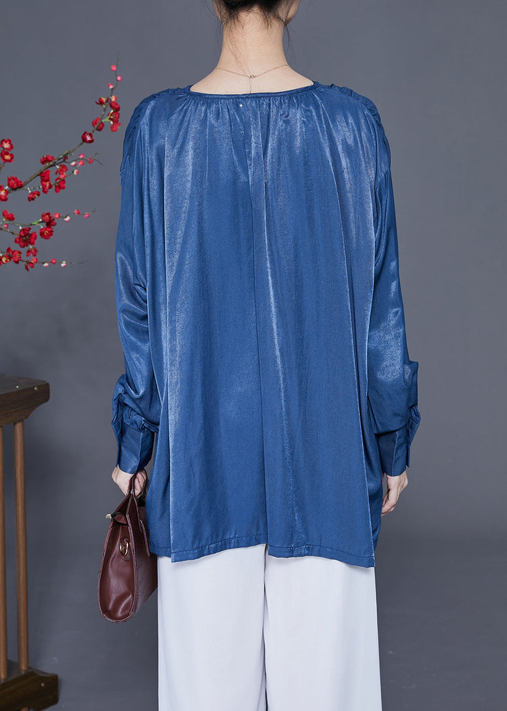 Original Design Blue V Neck Oversized Button Silk Shirt Top Spring