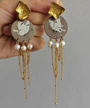 Original Design Gold Sterling Silver Overgild Pearl Butterfly Tassel Drop Earrings