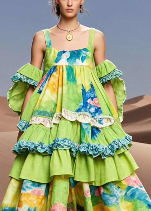 Original Design Green Layered Ruffles Print Cotton Party Dress Summer