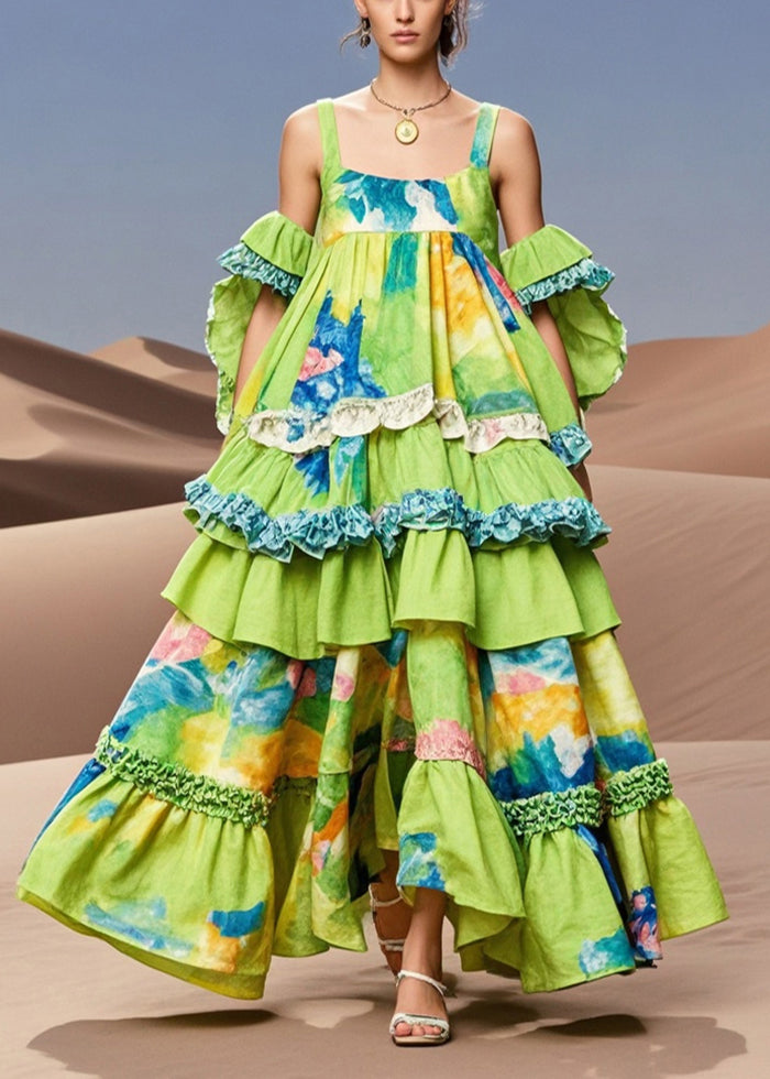 Original Design Green Layered Ruffles Print Cotton Party Dress Summer