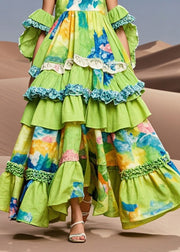 Original Design Green Layered Ruffles Print Cotton Party Dress Summer