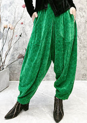 Original Design Green Pocket Elastic Waist Cotton Lantern Pants Spring