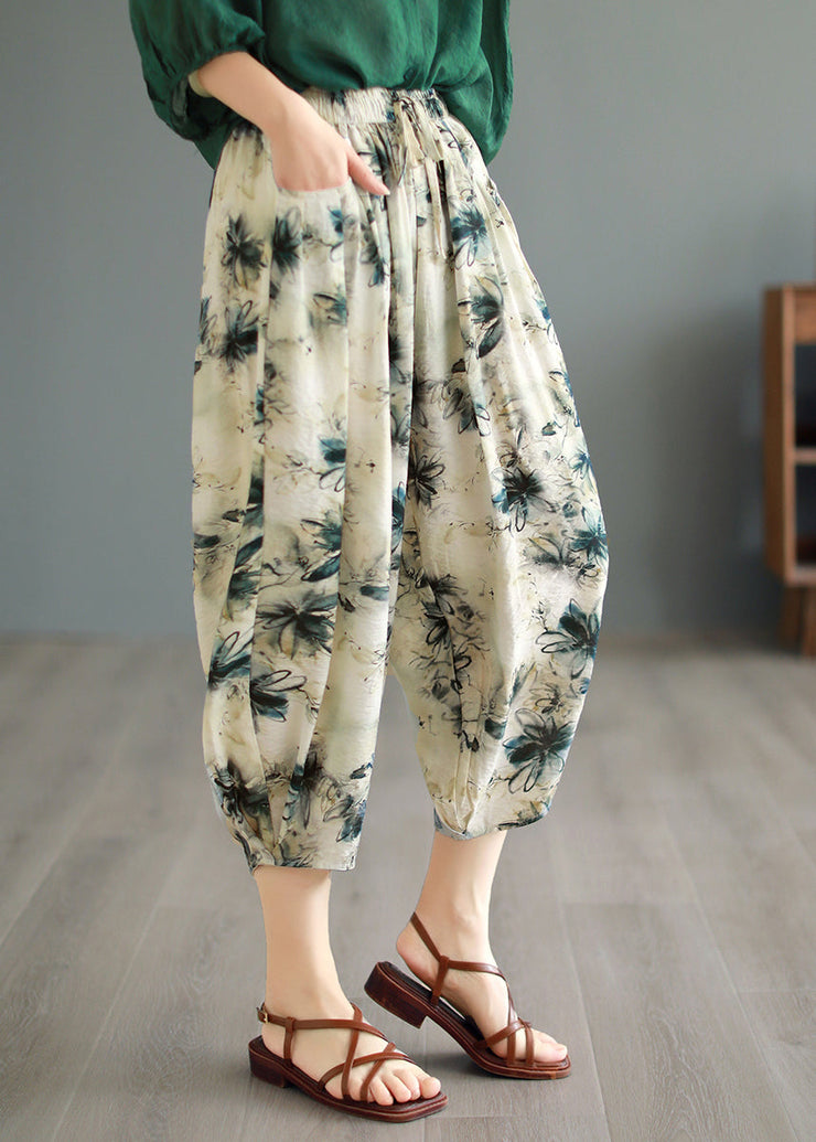 Original Design Green Pockets Print Linen Crop Pants Summer