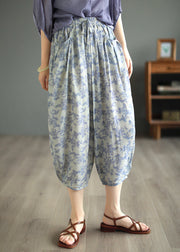 Original Design Green Pockets Print Linen Crop Pants Summer