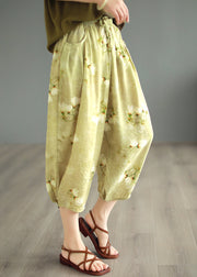 Original Design Green Pockets Print Linen Crop Pants Summer