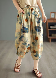 Original Design Green Pockets Print Linen Crop Pants Summer