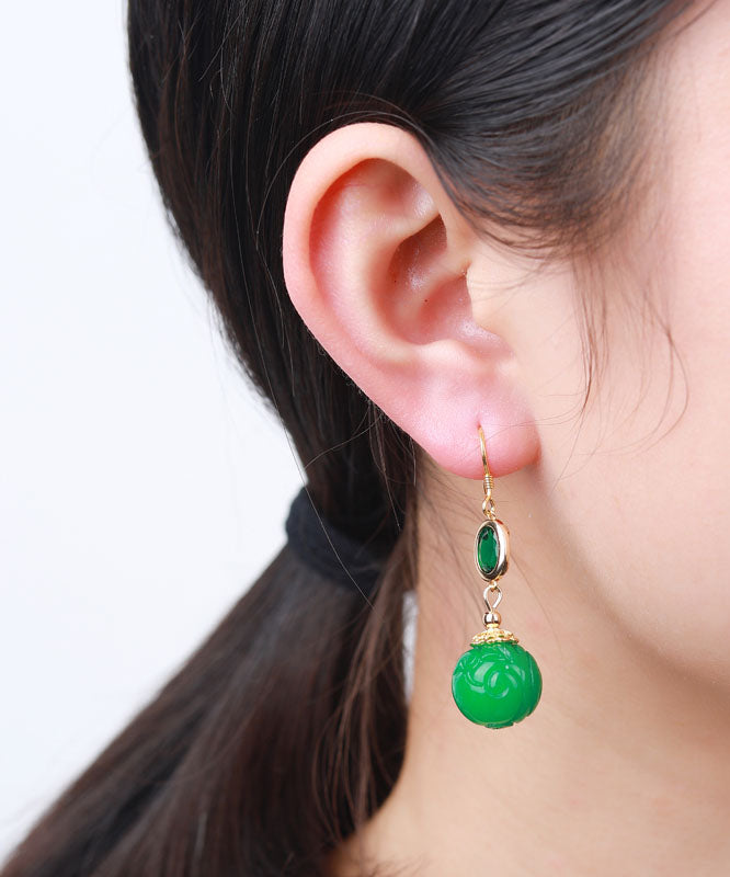 Original Design Green Sterling Silver Overgild Inlaid Gem Stone Jade Drop Earrings