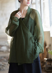 Original Design Green V Neck Lace Up Cotton Top Summer