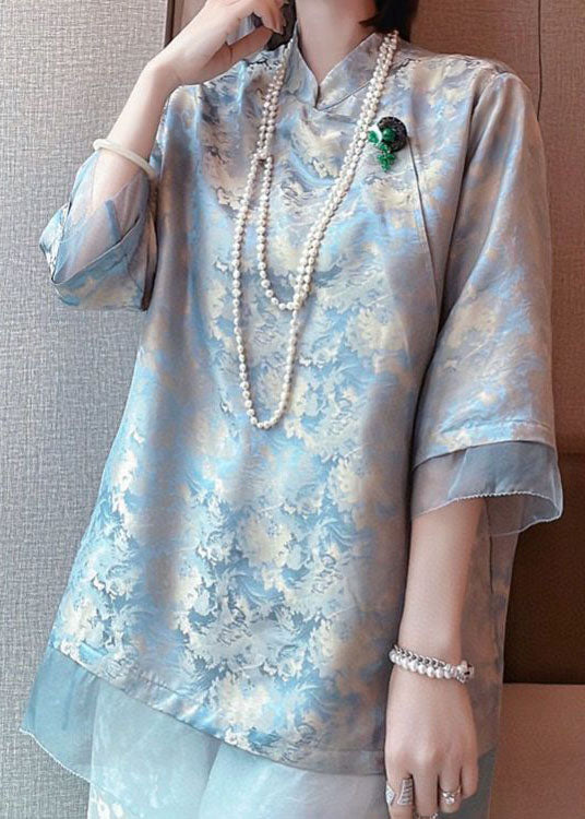 Original Design Light Blue Tulle Patchwork Jacquard Silk Shirts Half Sleeve