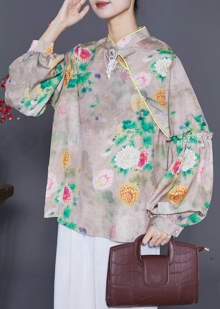 Original Design Mandarin Collar Print Tassel Silk Shirts Lantern Sleeve