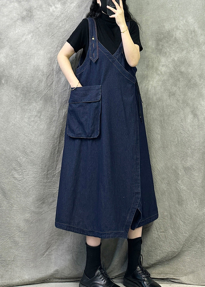 Original Design Navy Patchwork Denim Spaghetti Strap Dresses Spring