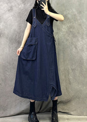 Original Design Navy Patchwork Denim Spaghetti Strap Dresses Spring