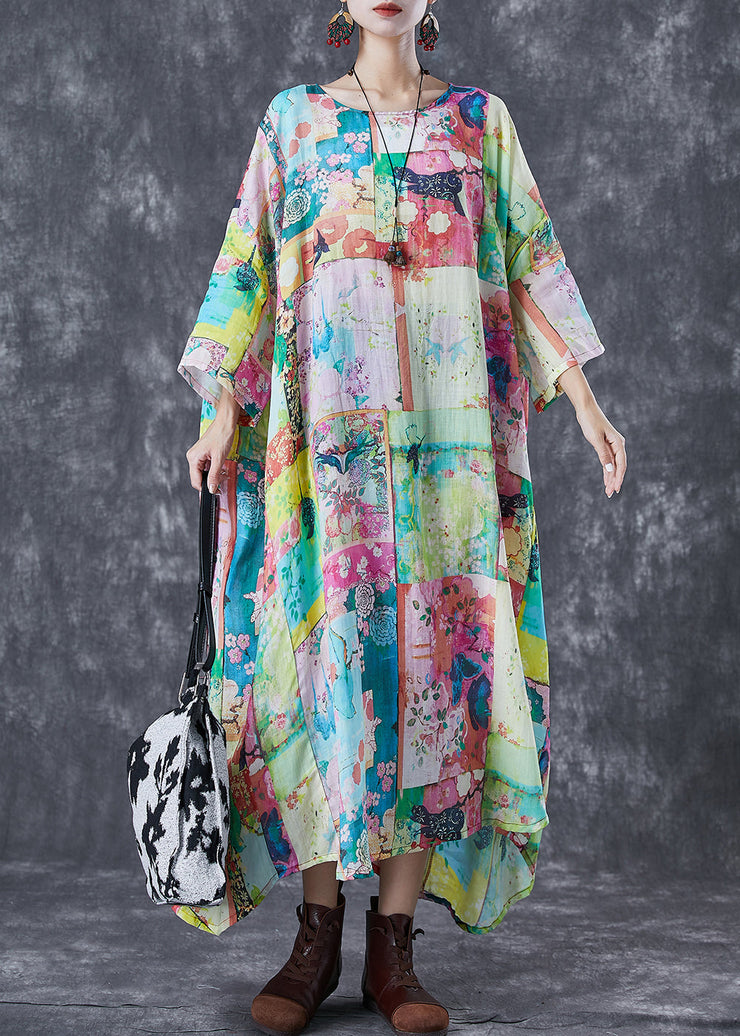 Original Design Oversized Print Linen Maxi Dresses Bracelet Sleeve