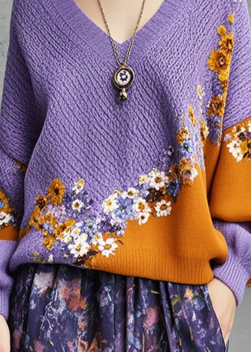 Original Design Purple Oversized Patchwork Knit Cozy Sweater Fall