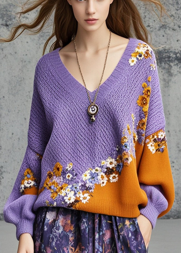 Original Design Purple Oversized Patchwork Knit Cozy Sweater Fall