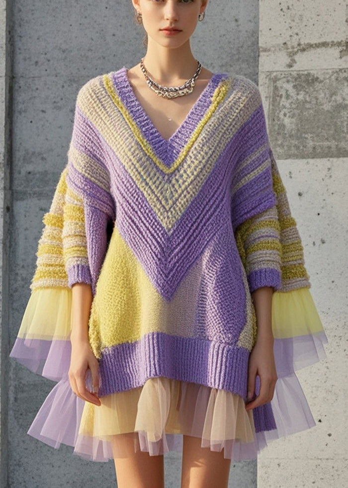 Original Design Purple Oversized Patchwork Knit Dress Fall