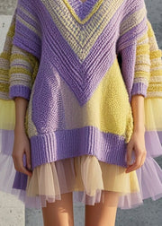 Original Design Purple Oversized Patchwork Knit Dress Fall