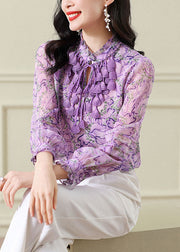 Original Design Purple Stand Collar Ruffled Print Chiffon Blouse Top Spring