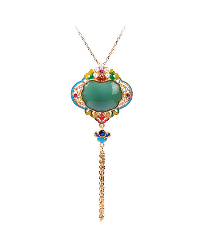 Original Design Rainbow Copper Overgild Jade Pearl Enamel Safety Lock Tassel Pendant Necklace