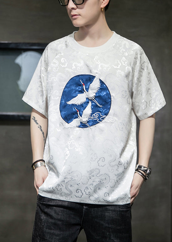 Original Design Silvery O-Neck Embroideried Ice Silk Mens T Shirts Summer