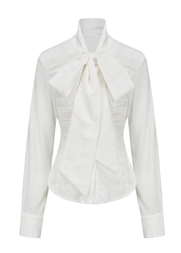 Original Design White Bow Silk Velour Shirts Fall