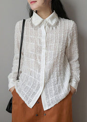 Original Design White Peter Pan Collar Plaid Tassel Cotton Shirts Long Sleeve