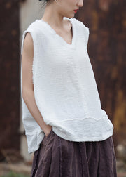 Original Design White V Neck Cotton Top Sleeveless