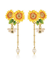 Original Design Yellow Copper Overgild Pearl Enamel Sunflowe Bee Drop Earrings