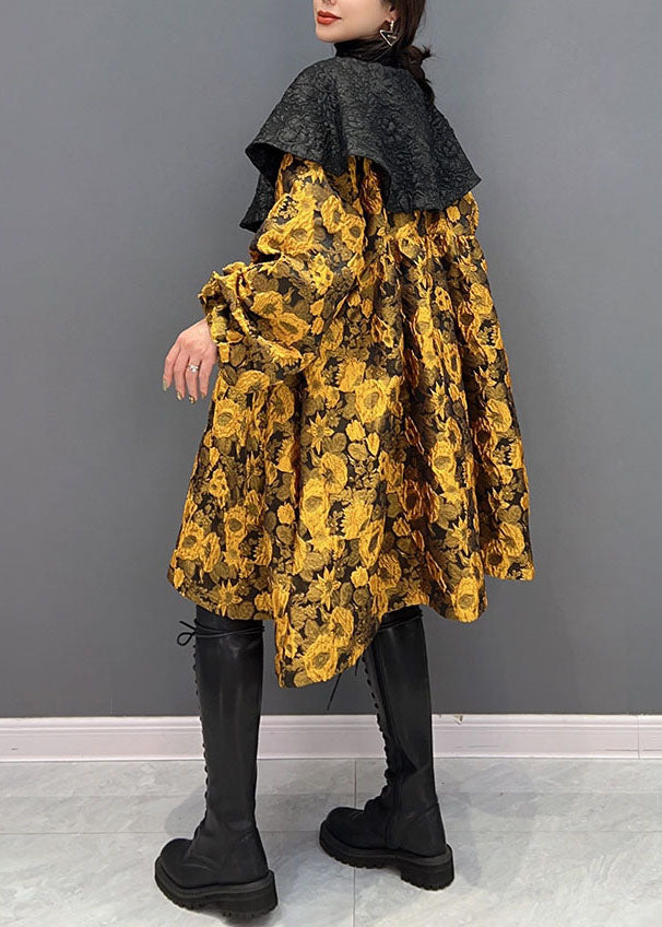 Original Design Yellow Turn-down Collar Jacquard Silk Dresses Spring