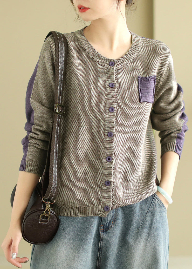 Original Green O Neck Button Patchwork Knit Cardigan Spring