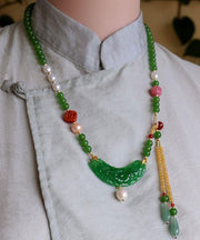 Original Green Pearl Dry Green Beading Tassel Sweater Pendant Necklace