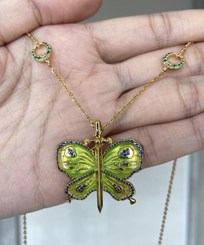 Original Green Sterling Silver Overgild Enamel Butterfly Pendant Necklace