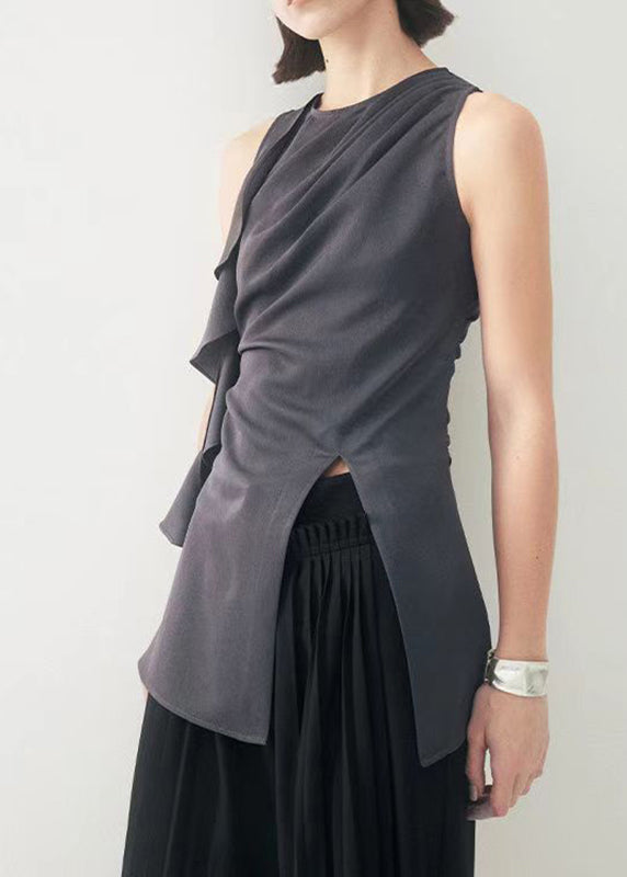 Original Grey O-Neck Ruffled Patchwork Side Open Top Sleeveless