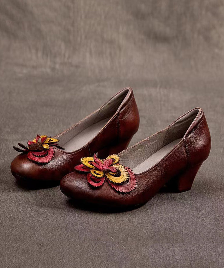 Original Handmade Retro Coffee Floral Chunky Heel